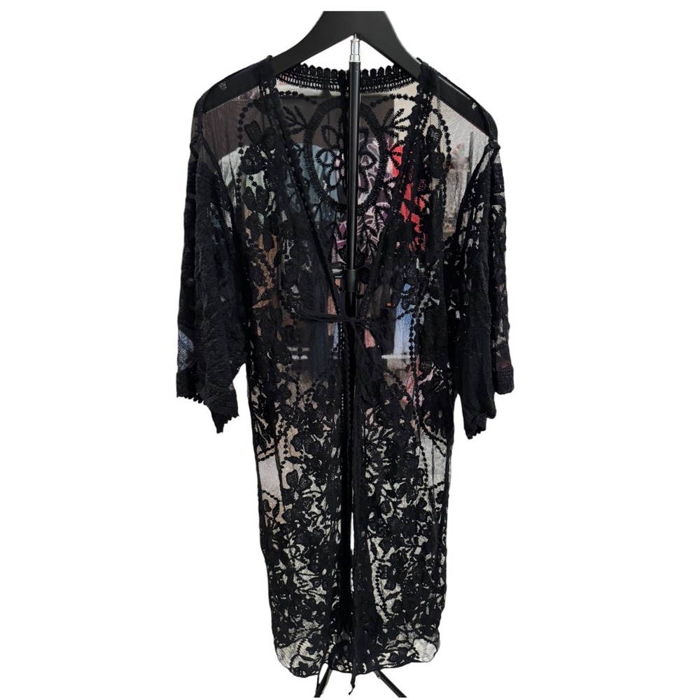 Womens Sheer Floral‎ Lace Kimono Cardigan Longline Mesh Beach Cover Up Black OS